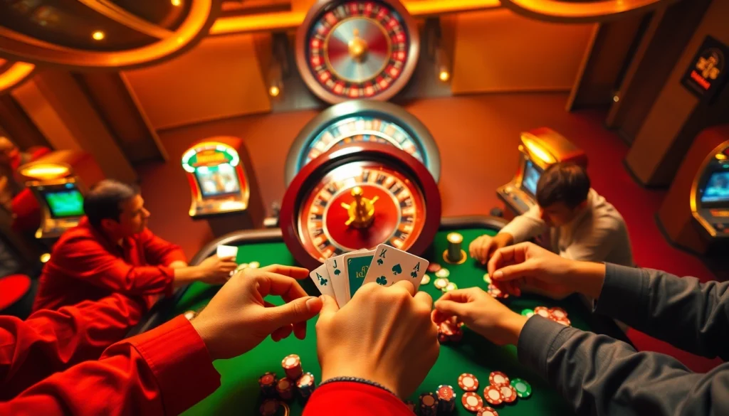 Bong da net highlights poker excitement with colorful chips, cards, and a roulette wheel in a busy casino atmosphere.