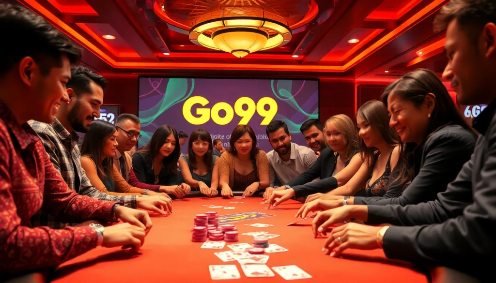 Go99 enhances the excitement of live poker games with vibrant players, colorful chips, and thrilling strategy.